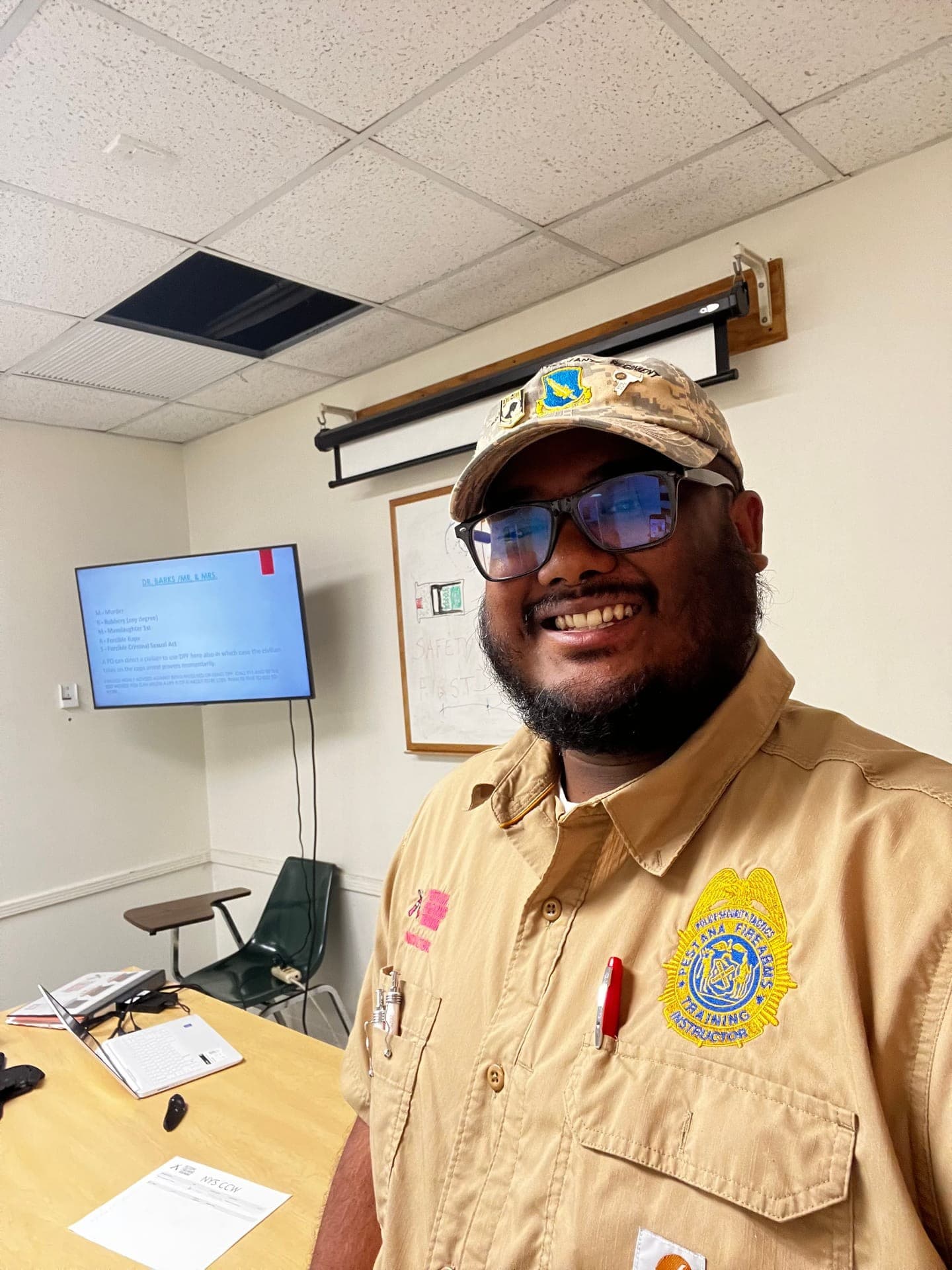 Instructor Anthony Pestana in PFT uniform — classroom session